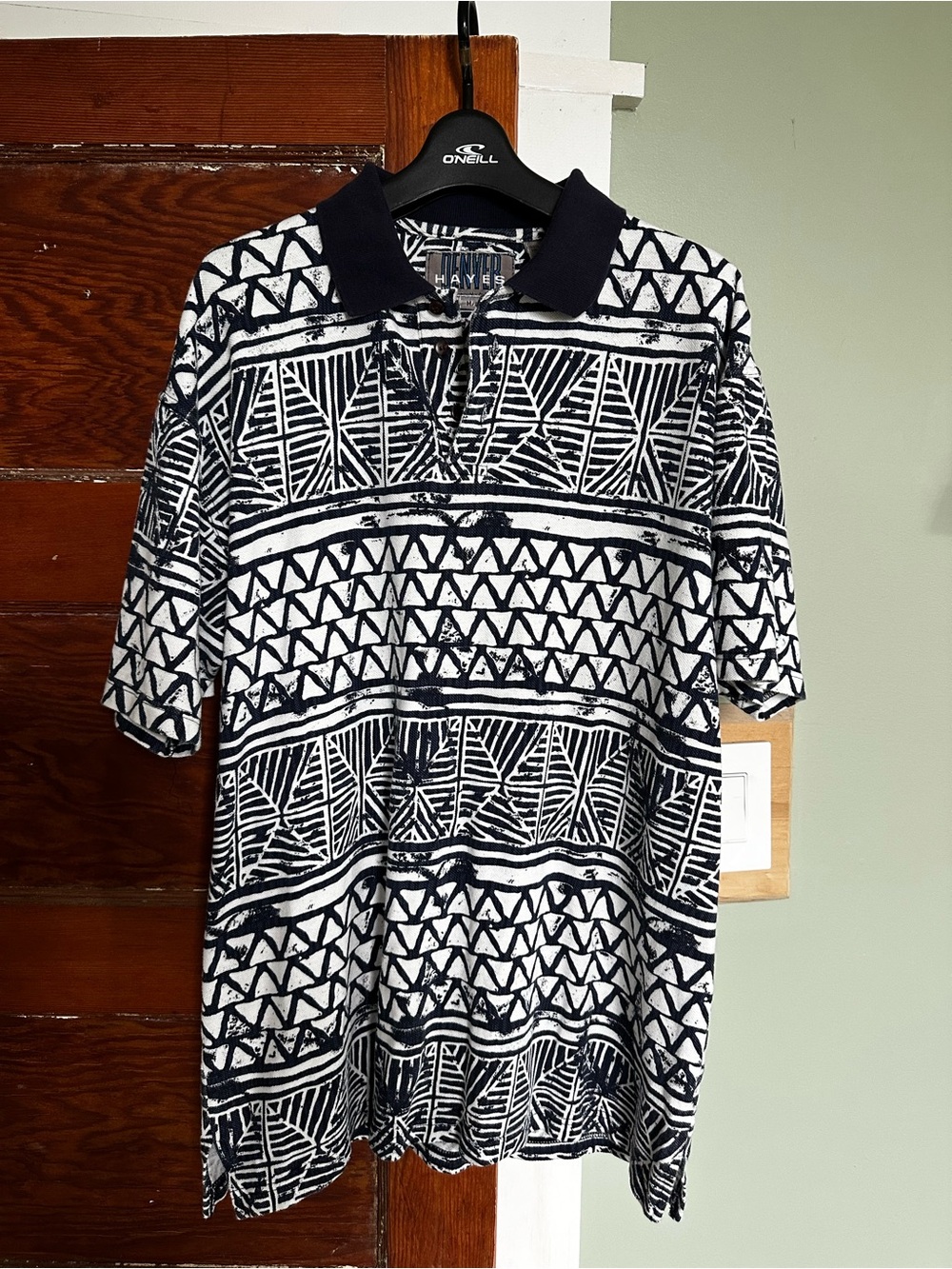Vintage 90s Y2K Denver Hayes Navy & White Geometric Polo